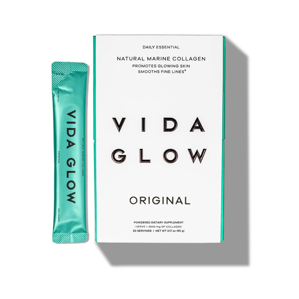 Vida Glow Marine Collagen Powder - Anti Aging Supplement with Collagen Peptides, Promotes Glowing Skin, Strong Nails, Healthy Hair TEN 30 Servings, Original Flavor