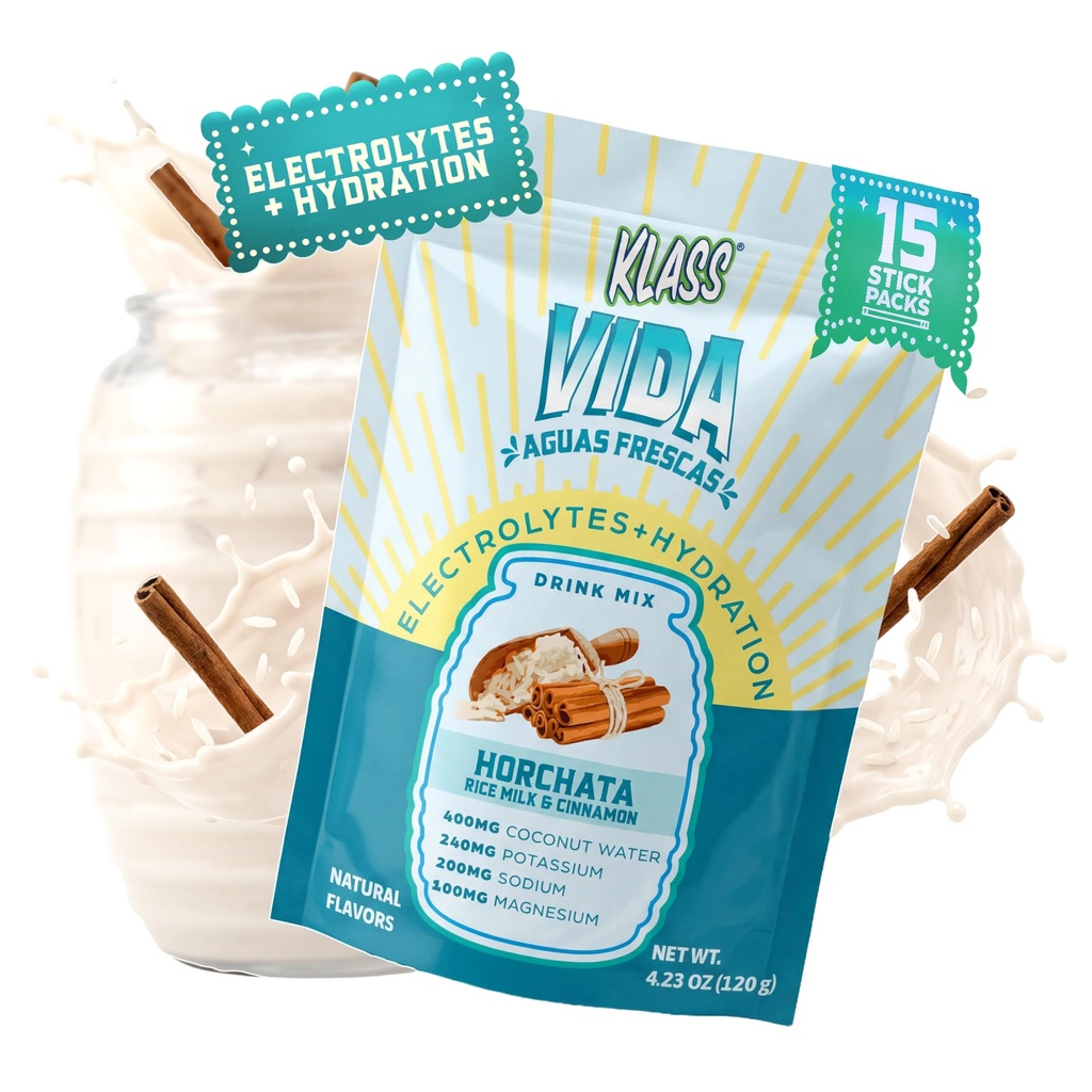 KLASS VIDA Electrolyte Drink Mix – Horchata Agua Fresca Flavor ← Polvo de hidratación libre de azúcar con agua de coco " Minerales " TEN 15 Packs de palo de un solo manga en bolsa resealable, calorie baja