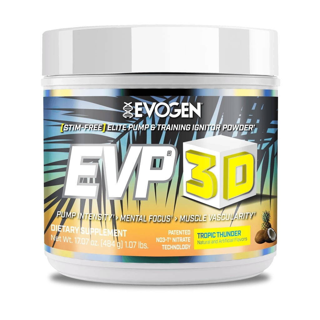 Evogen EVP 3D - Estim Free Pre Workout Powder para Hombres &amp; Mujeres ← Sugar Free Non Stim Preworkout with Beta Alanine and Creatine for Energy &amp; Pump ← Tropic Thunder ← 40 Servings