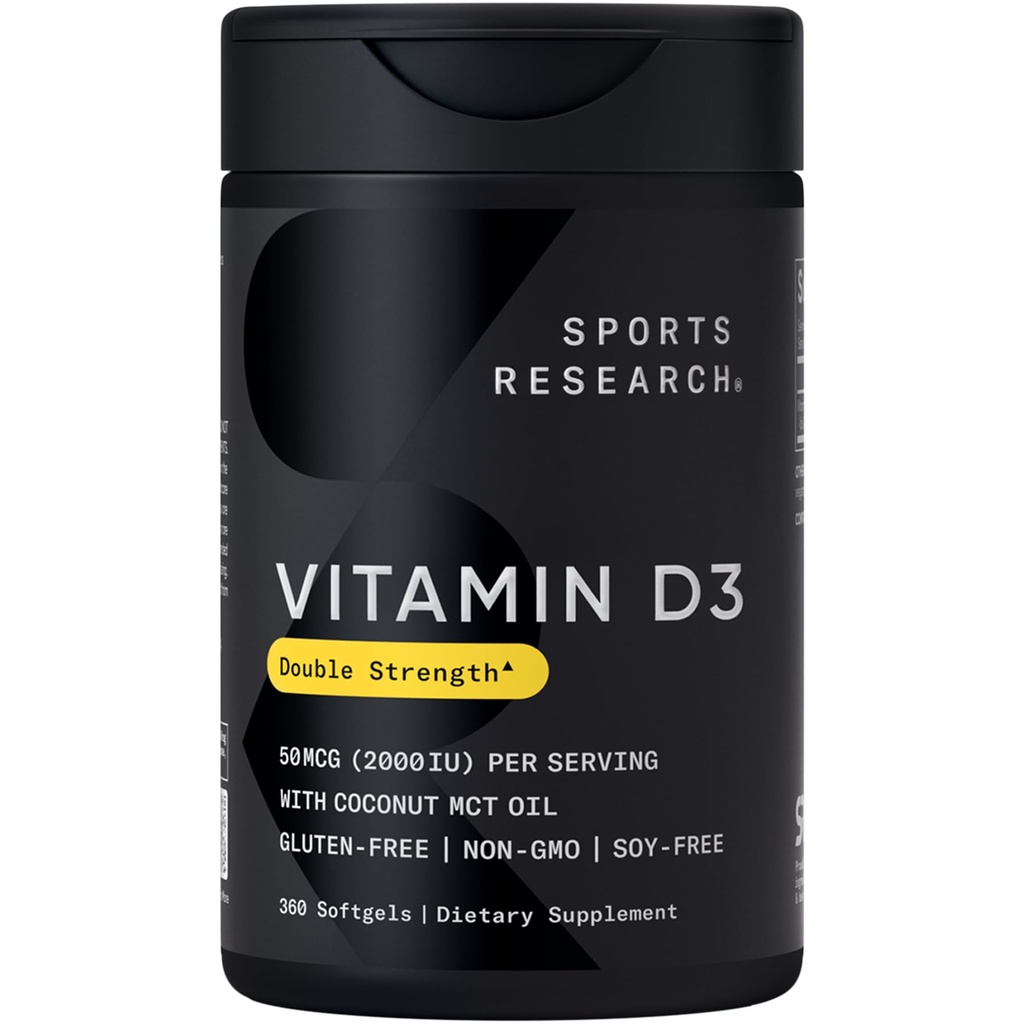 Investigación Deportiva Vitamina D3 2000 UI con aceite de MCT de coco - Suplemento de vitamina D de doble fuerza - No GMO Verificado, Gluten &amp; Soy Gratis – 50mcg, 360 Softgels líquidos