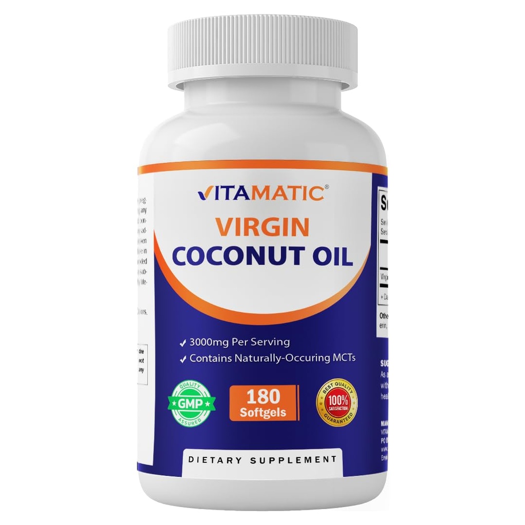 Vitamatic Virgin Coconut Oil Softgels, 3000 mg Por Serving, 60 Servings, 180 Count, Non-GMO, Gluten Free