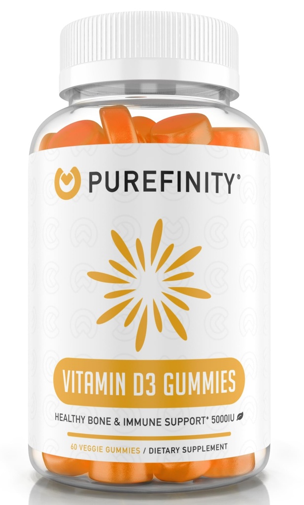 PUREFINIDAD Vitamina D3 5000 iu Gummies – Su suplemento diario de vitamina D para la salud ósea, la salud inmune y el apoyo muscular conjunto para adultos y niños – Gluten Free, non-GMO – 60 Gummies vegetarianas