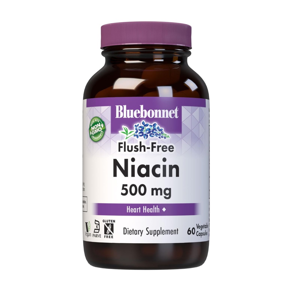 Bluebonnet Nutrition Flush-Free Niacin 500mg, for Nutritional Cardiovascular Support*, Soy-Free, Gluten-Free, Non-GMO, Kosher Certified, Dairy-Free, Vegan, 60 cápsulas vegetales, 60 prestaciones