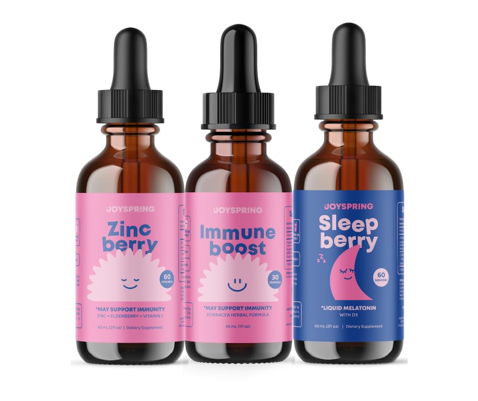 JoySpring Zinc con suplementos de vitamina C para niños, Immune Boost para un sistema de aislamiento compatible, y gotas de melatonina para niños Apoyo al sueño