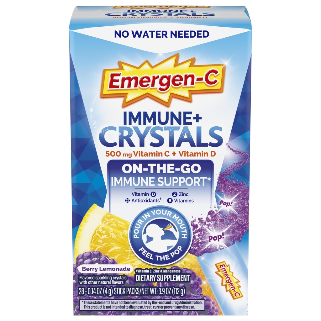 Emergen-C Immune Plus Crystals, On-The-Go Immune Support Supplement with Vitamin C, Vitamin D, B Vitaminas, Zinc y Manganese, Berry Lemonade, Back to School Essentials - 28 Stick Packs