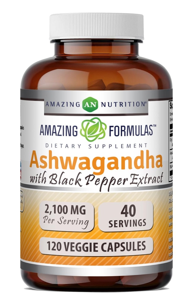 Amazing Formulas Ashwagandha Root with Black Pepper Extract Supplement TEN 2100 Mg Por Serving Silencio Veggie Capsules Supplement TEN Non-GMO TEN Gluten-Free TEN Made in USA (1 Pack, 120 Cuenta)