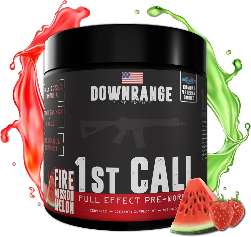 DownRange 1st Call Pre Workout Powder, Preworkout for Men &amp; Women, Amino Acid Beta Alanine &amp; Caffeine for Pump, Energy and Focus Support, 30 Servings (Strawberry Watermelon)