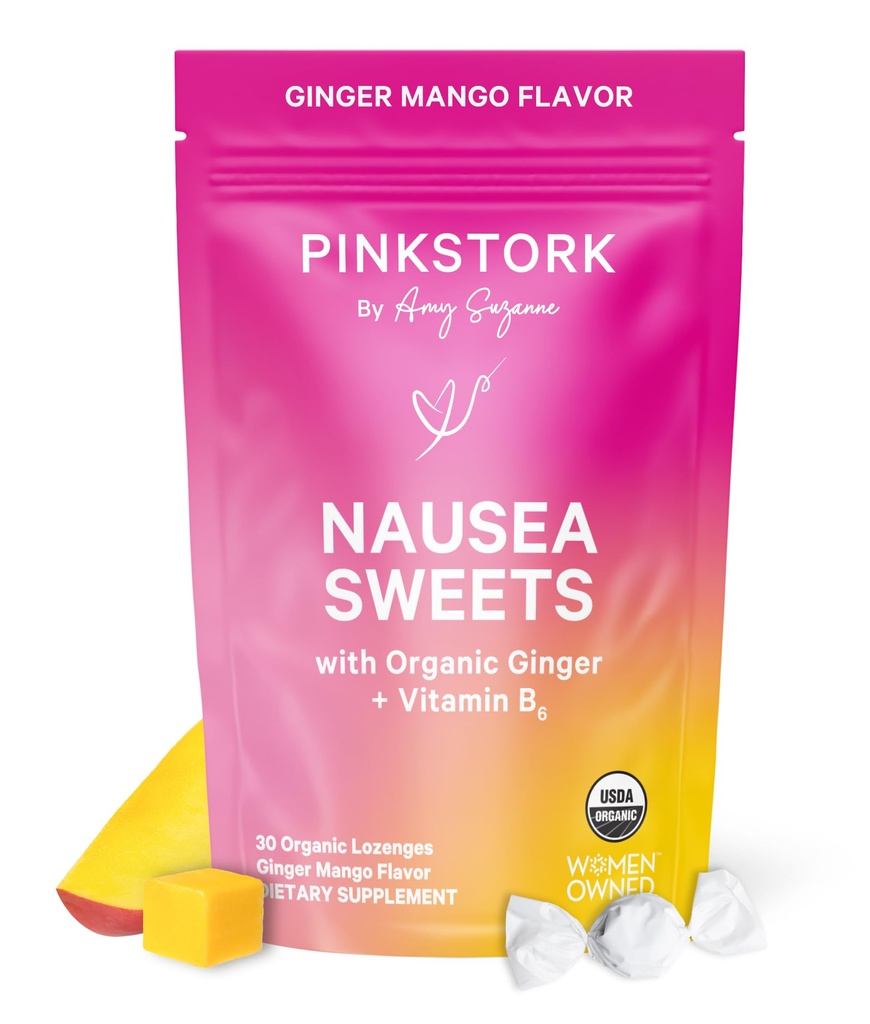 Pink Stork Organic Mango Sweets with Vitamin B6 for Morning Sickness and Motion Sickness, Añadido Ginger & Vitamin B6, 1st Trimester Pregnancy Must Haves - 30 Wrapped Candies