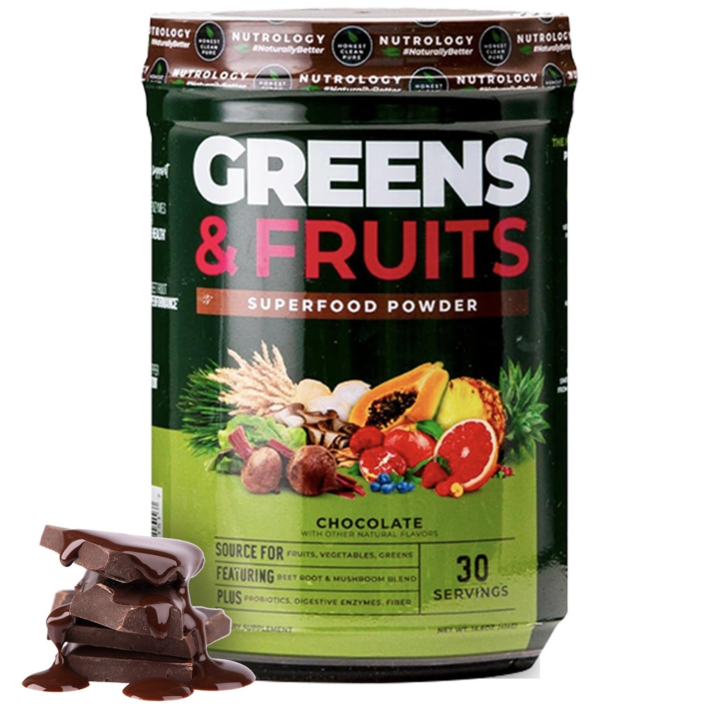 Nutrology Greens & Fruits Powder-Naturally Sourced Fruits, Vegetables, Beet Powder &amp; Mushroom Blend, Probiotics, Digestive Enzymes, Fiber, Antioxidants, Immune Support, Gluten Free - Chocolate