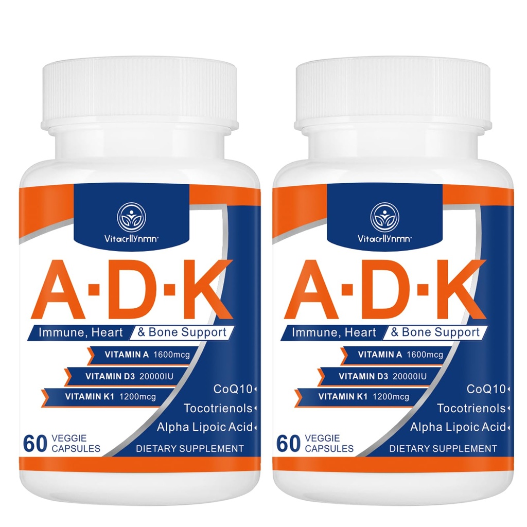 Suplemento de vitaminas ADK 20000 UI - Vitaminas de alta potencia A, D3 y K1 para el corazón, la salud ósea y el apoyo inmunológico Vitamina ADK 120 cápsulas