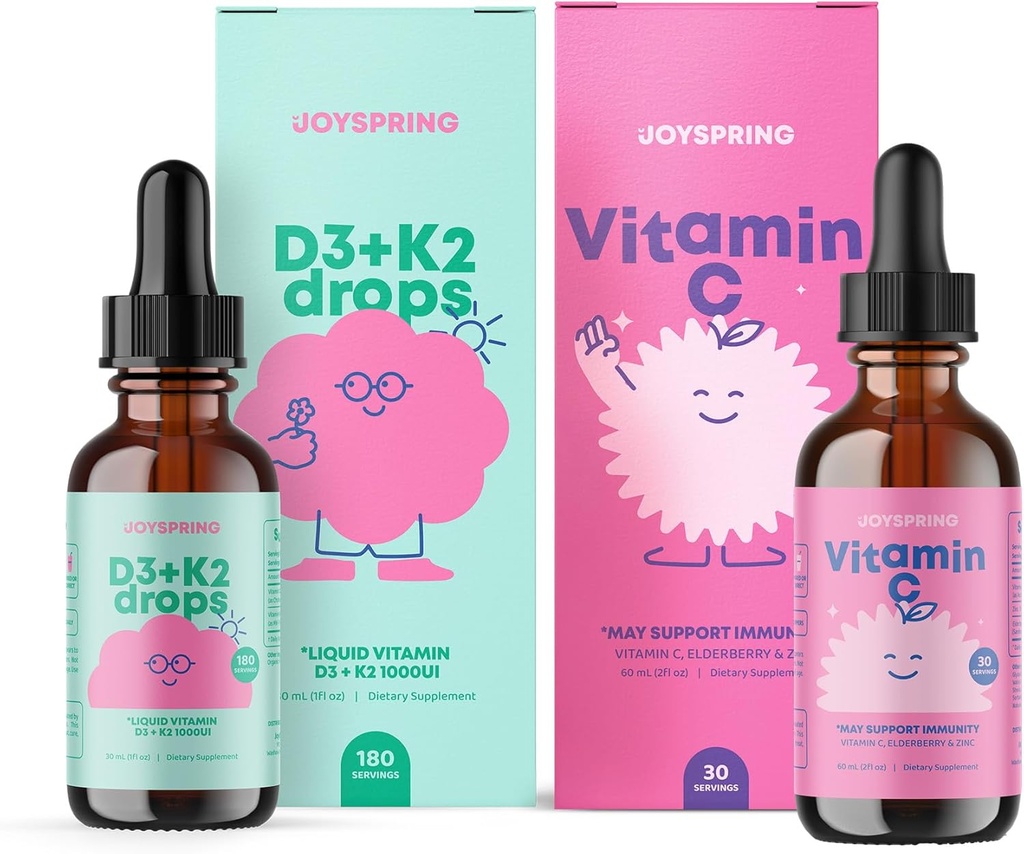 JoySpring Vitamin C + Elderberry Drops + Zinc Supplements for Kids Immune Support and Vitamin D Drops for Immune Support & Heart Health