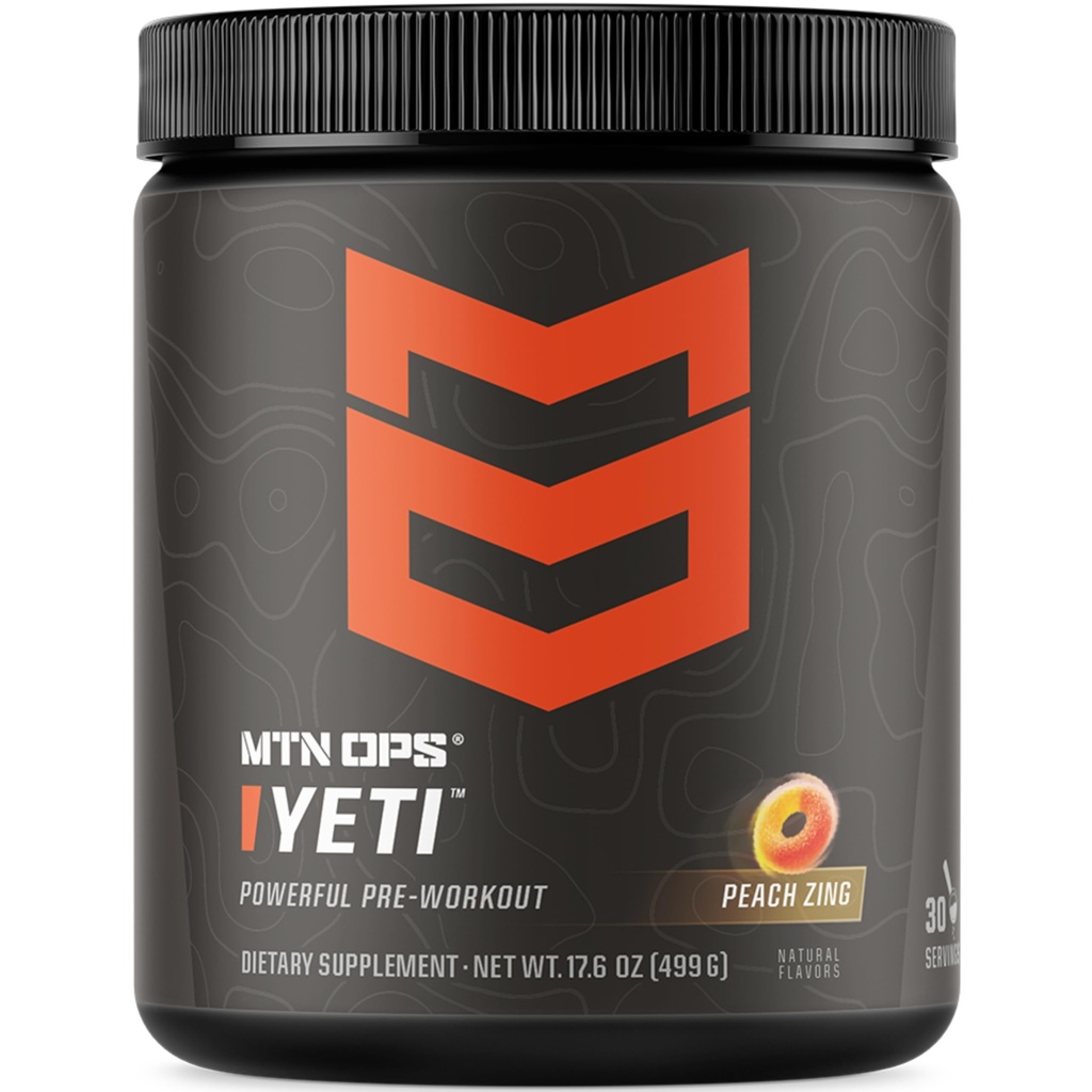 MTN OPS Yeti Pre-Workout Powder Energy Drink with Creatine, 200mg Caffeine &amp; BCAAs with Beta Alanine, 30-Serving Tub, Peach Zing