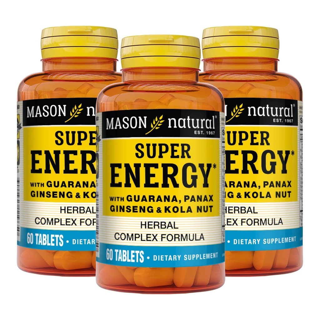 MASON NATURAL Super Energy, Made with Guarana, Panax Ginseng " Kola Nut for Optimal Performance " Energy, 90 Day Supply, 60 Tablets (Pack of 3)