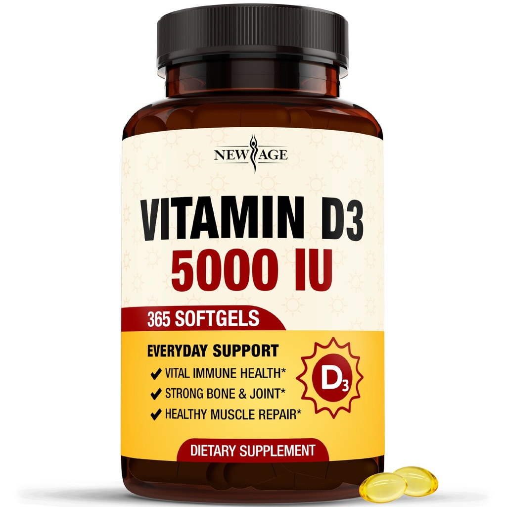NUEVO AGE Vitamina D3 5000 UI 125mcg Softgels - Soporte para inmunes, fuerte salud de huesos - sin gluten, sin gluten, sin lácteos, 1 año de suministro (360 Softgels (Pack de 1))