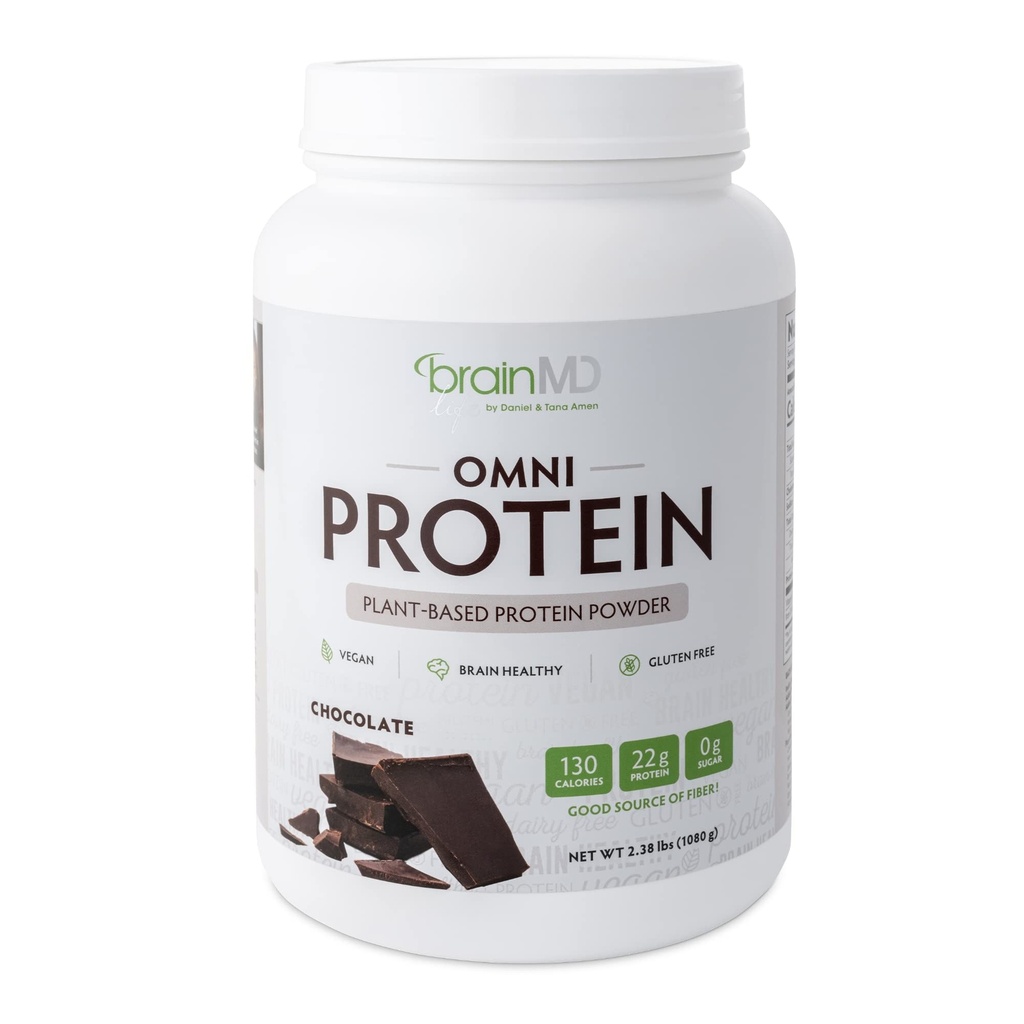 BRAINMD Dr Amen Omni Protein Chocolate - 2.38 lbs - Powder de proteína de base vegetal - promueve la recuperación de la energía y el ejercicio - Vegan, Vegetariano, Sugar Gratis, Gluten Gratis - 30 Servimientos
