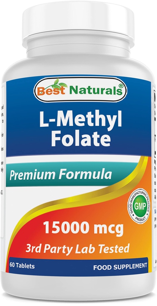 Best Naturals Metil Folate 15000 mcg (15mg) (Most Bio-Available) 60 Tablets - Apoya la función de crecimiento de la formación celular, cerebro, memoria, salud cardiovascular (60 Cuenta (Pack of 1))