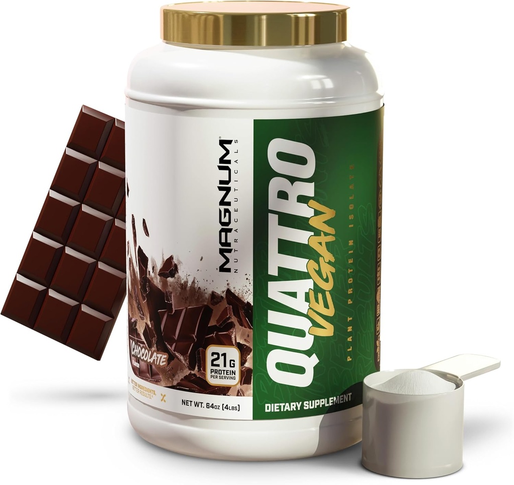 Magnum Nutraceuticals Quattro Vegan Protein Powder, Chocolate 2lb – Premium Plant-Based Protein Powder Isolate for Muscle Growth &amp; Recovery
