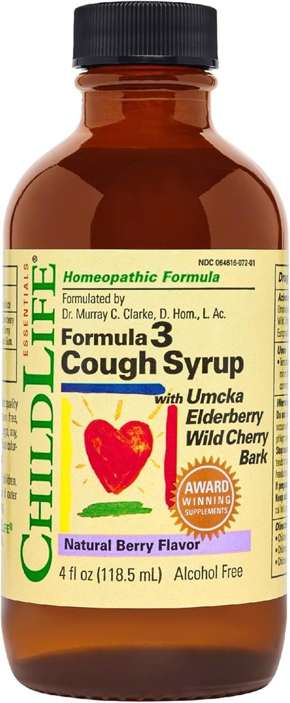 CHILDLIFE Esenciales Fórmula 3 Crema de Tos Infantiles - Medicina de Tos Infantil para Niños 2-11, con Umcka, Elderberry &amp; Wild Cherry Bark, Gluten Free - Natural Berry, 4 Fl Oz