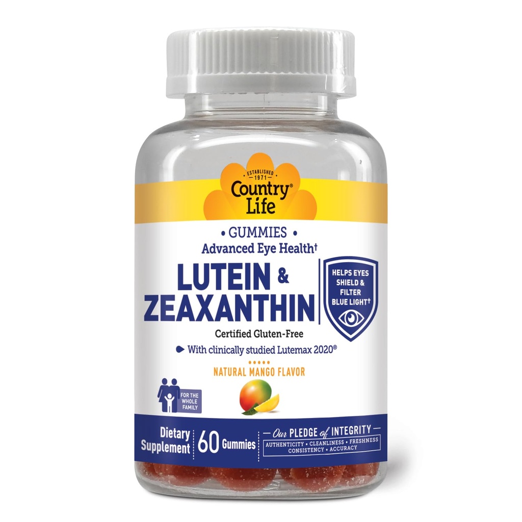 Country Life Lutein Gummies with Lutemax 2020, 60 Ct, Chewable Natural Eye Support Supplement, Marigold Lutein, Zeaxanthin, Eye Health &amp; Macular Support, Non-GMO, Natural Fruit Pectin, Vegan