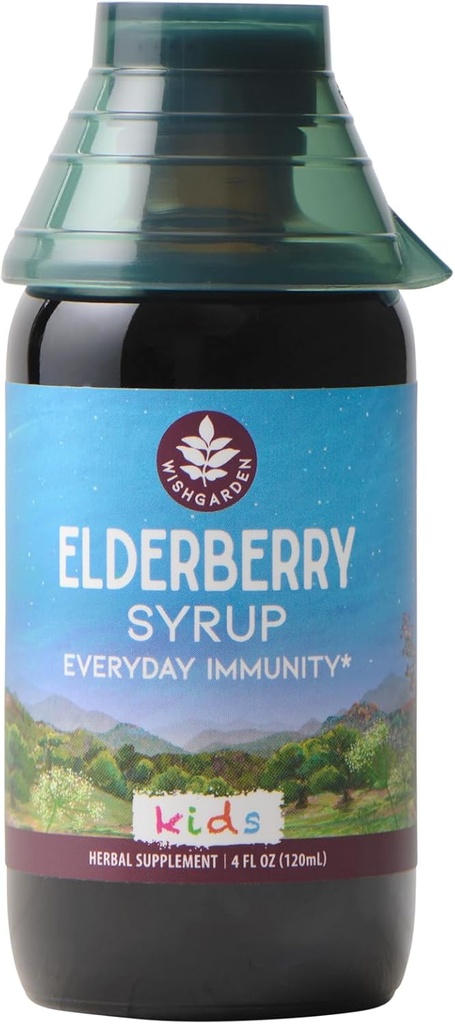 WishGarden Herbs Orgánica de Elderberry Syrup para niños - Elderberry de los niños con arándano negro, astragalus, Orange Peel &amp; Honey, Daily Immune Booster para niños, niños 1+, No Sugar Añadido, 4oz