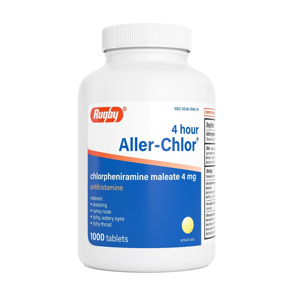 Rugby 4 horas de cloro de alcantarillado - Clorpheniramina Maleate 4 mg - Antihistamina - 1000 tabletas (1 paquete)