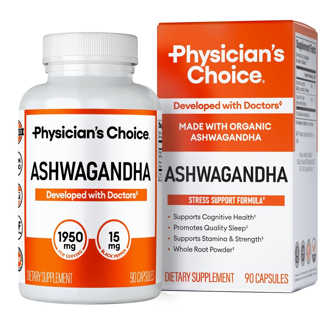 Physician's CHOICE Ashwagandha Suplemento - 1950 mg de biodisponible orgánico Ashwagandha Root Powder - Black Pepper Extract, Stress Support, Mood Support Supplement, 90 Veggie Ashwagandha Capsules