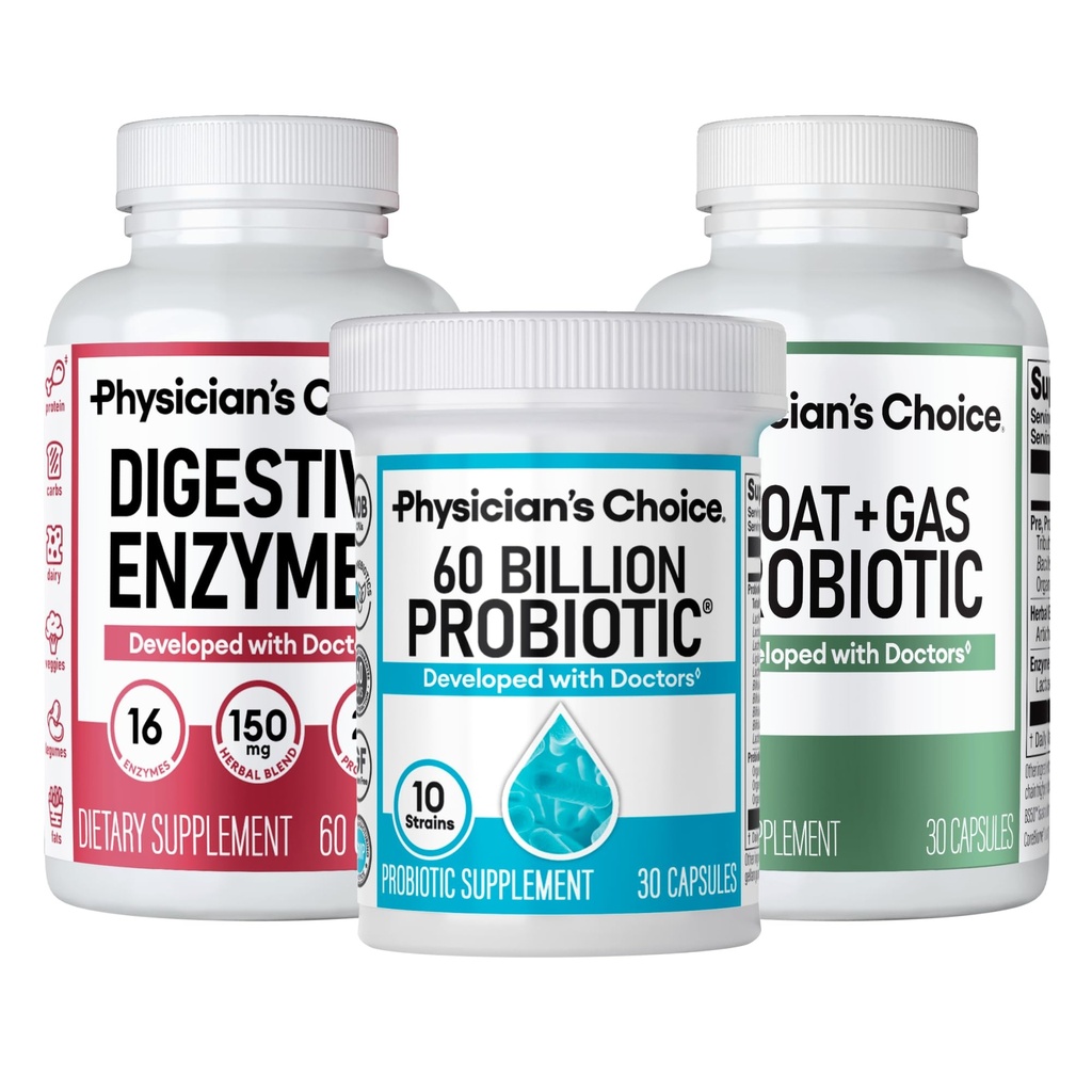 CHOICE Gut Guardian Bundle: 60 Billion Probiotic 30ct + Bloat &amp; Gas Probiotic 30ct + Enzymes Digestivos 60ct
