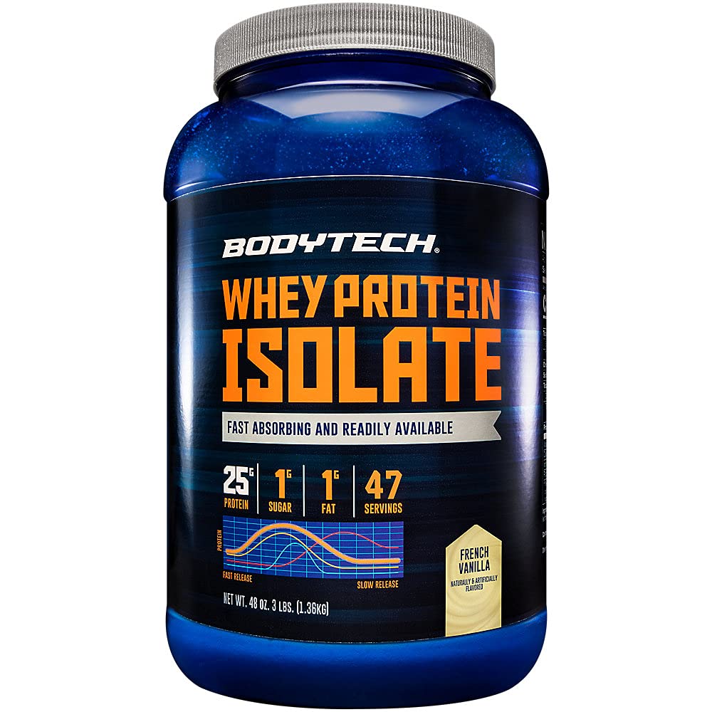 BODYTECH Whey Protein Isolate Powder - con 25 Grams de Protein por Serving &amp; BCAA's - Ideal para el edificio del músculo después del entrenamiento " Crecimiento, Contiene leche " Soy - Vanilla (3 libras)