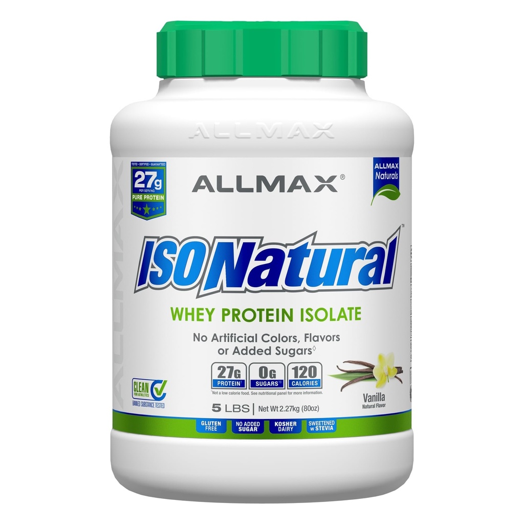 ALLMAX Nutrition ISONATURAL Whey Protein Isolate, Vanilla - 5 lb - 27 Gramos de Protein Por Scoop - Zero Fat & Sugar - 99% Lactose Gratis - con Prebióticos - Sin Sabores Artificiales - 73 Servimientos