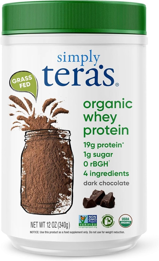Simplemente el producto orgánico de tera Whey Protein Powder - Grass Fed Whey Protein Powder Sin Sweeteners artificiales, Limpio, No-GMO, Sin gluten - Chocolate oscuro, 12 Oz.
