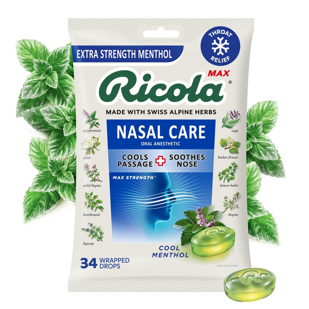 Ricola Max Cool Menthol Nasal Care Large Bag ← Tos Suppressant Drops ¦ Dual Action Liquid Center ← Soothing Long-Lasting Relief - 34 Count (Pack of 1)