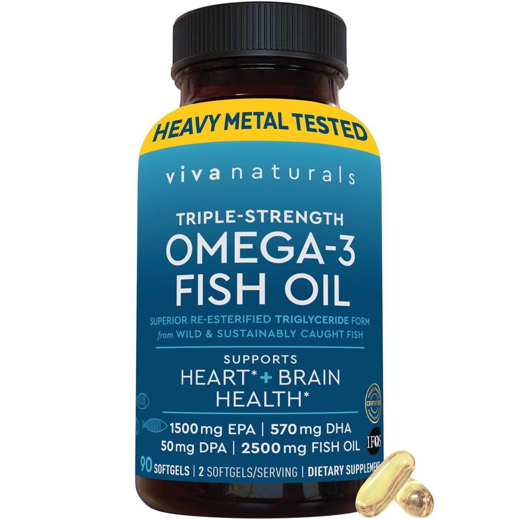 Viva Naturals Triple Fuerza Omega 3 Píldoras de aceite de pescado – 2500 mg Fórmula de alta potencia con 2250 mg Omega 3 Ácidos grasos (EPA, DHA, DPA) en forma rTG para la absorción – Certificado IFOS, 90 Softgels