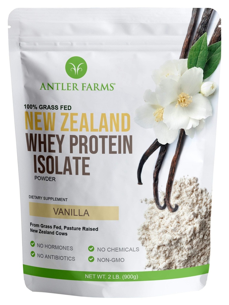 Antler Farms - 100% Grass Fed New Zealand Whey Protein Isolate, Vanilla Flavor, 2 lbs - Puro y Limpio, 4 Ingredientes, Delicious, Cold Processed