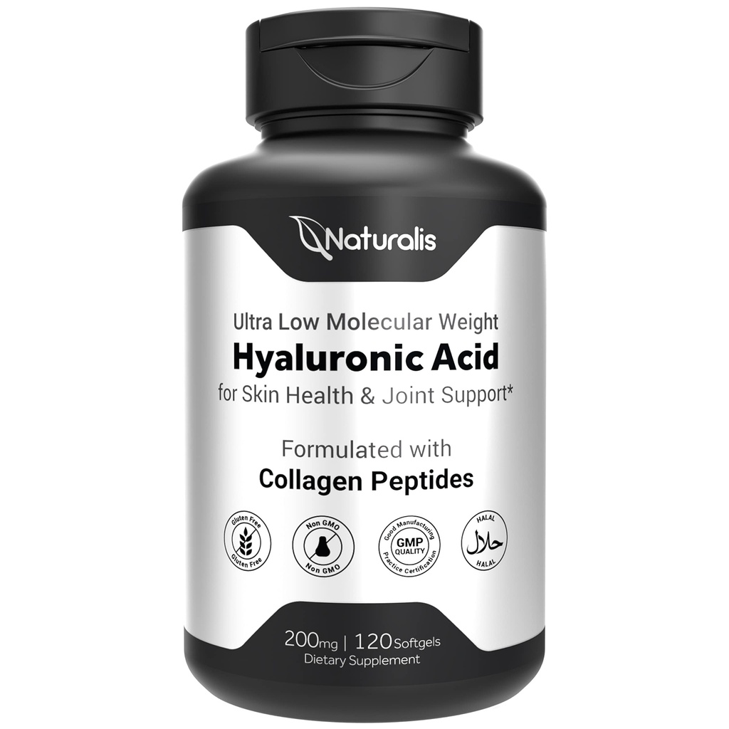 Naturalis Ácido Hialurónico 200mg, 10x Mejor Absorción Ultra Baja Peso molecular con Collagen, Biotina, Selenium &amp; Vitamina E Silencioso Cabello, Esquí, uñas &amp; Suplementos Conjuntos TEN 120 Softgels