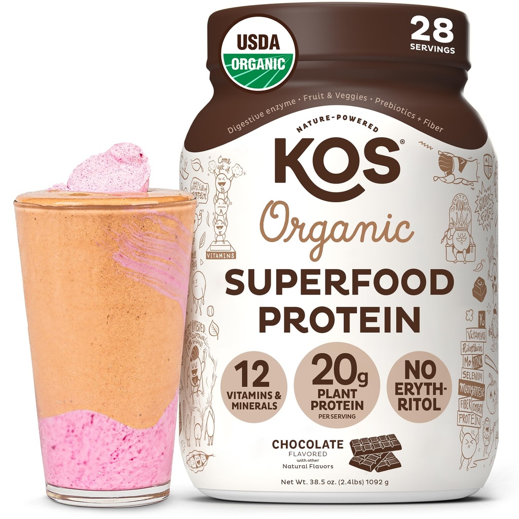 KOS Vegan Protein Powder Erythritol Gratis, Chocolate - Orgánica Pea Protein Blend, Superalimentos basados en plantas Rico en vitaminas y minerales - Keto, Dairy Gratis - Reemplazo de comida para hombres y mujeres, 28 Serviciones