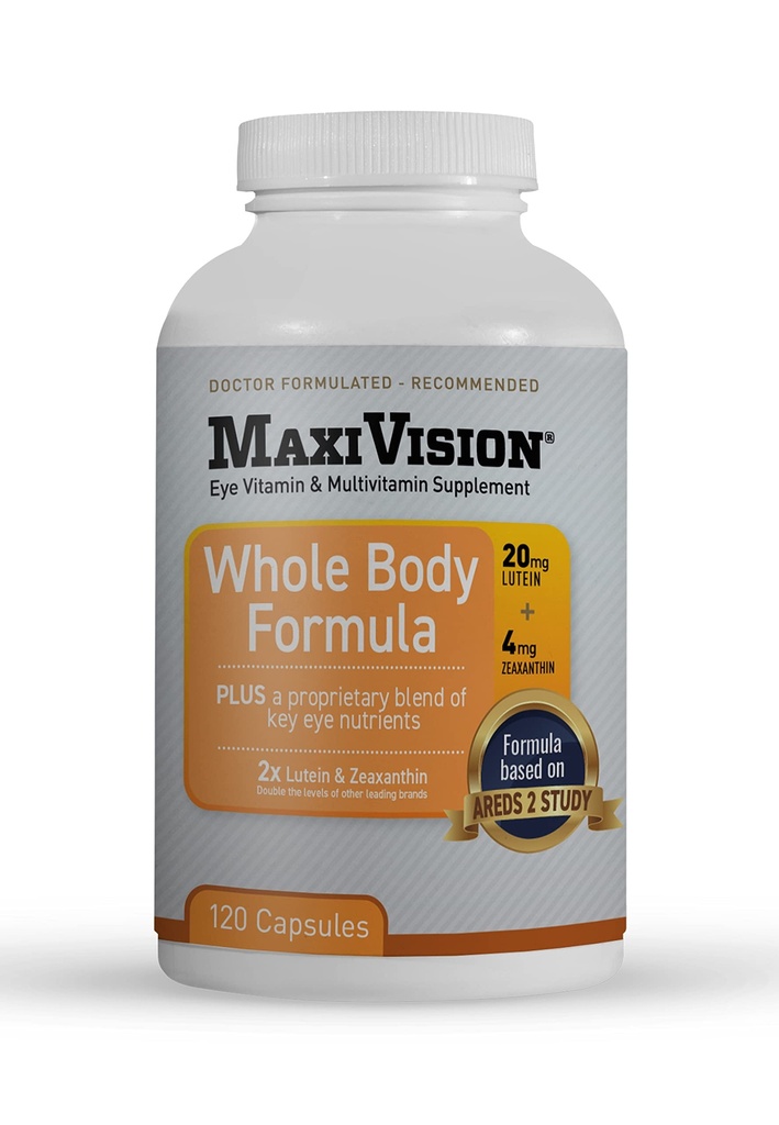 MaxiVision® AREDS 2 Fórmula entera del cuerpo - AREDS 2 Vitaminas del ojo w/Lutein y Zeaxanthin - para soporte Macular - Suplementos del ojo para el estrado del ojo - 120 Cápsulas Cuenta, 1 Botella