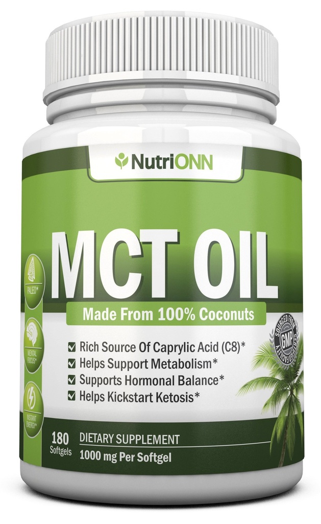 MCT Oil - 3000mg Por Serving - 180 Softgels - Hecho de Cocos 100% orgánicos - No GMO, Frío Presionado, Paleo Friendly Capsules - Excelente para Focus &amp; Gut Health