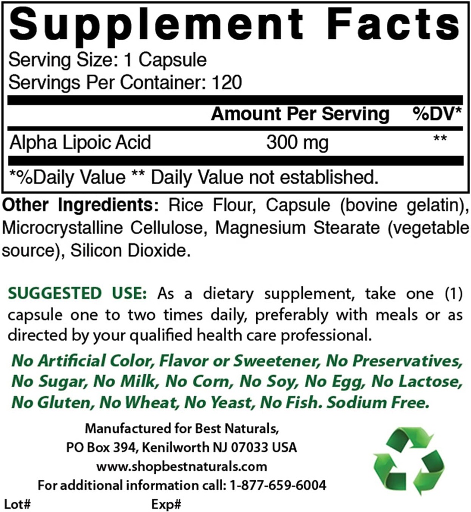 Mejores Naturales Ácido Lipoico Alfa 300 mg &amp; Glycinate Magnesio 425 mg