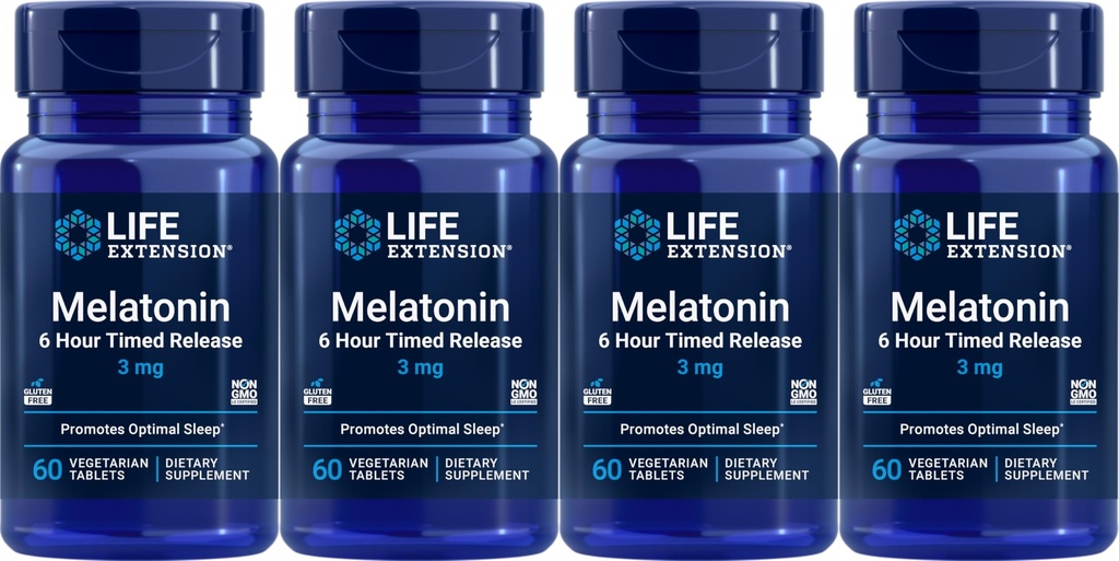 Extensión de la vida Melatonina 6 horas de liberación 3 mg, 60 tabletas vegetarianas (Pack of 4)