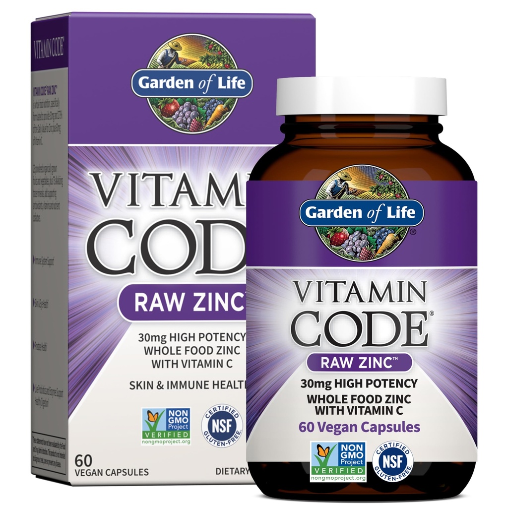 Jardín de la vida Zinc Suplementos 30 mg de alta potencia Zinc crudo y vitamina C Suplemento multimineral, Código de vitaminas Trace Minerales " Probióticos para la salud de la piel " , 60 cápsulas veganas