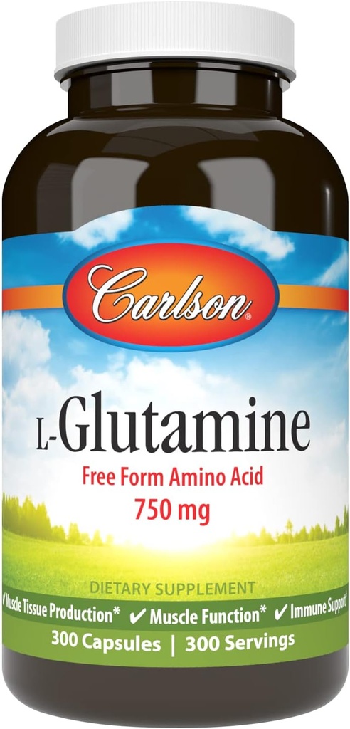 Carlson - L-Glutamina, Free-Form Amino Acid, 750 mg, Muscle Tissue Production, 300 cápsulas