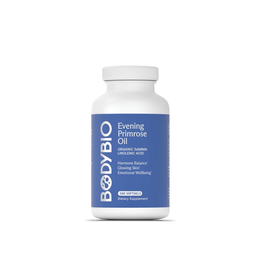 BodyBio Evening Primrose Oil - Natural Gamma Linolenic Acid for Healthy Skin &amp; Hormone Balance - Non-GMO, Cold Pressed, 180 softgels