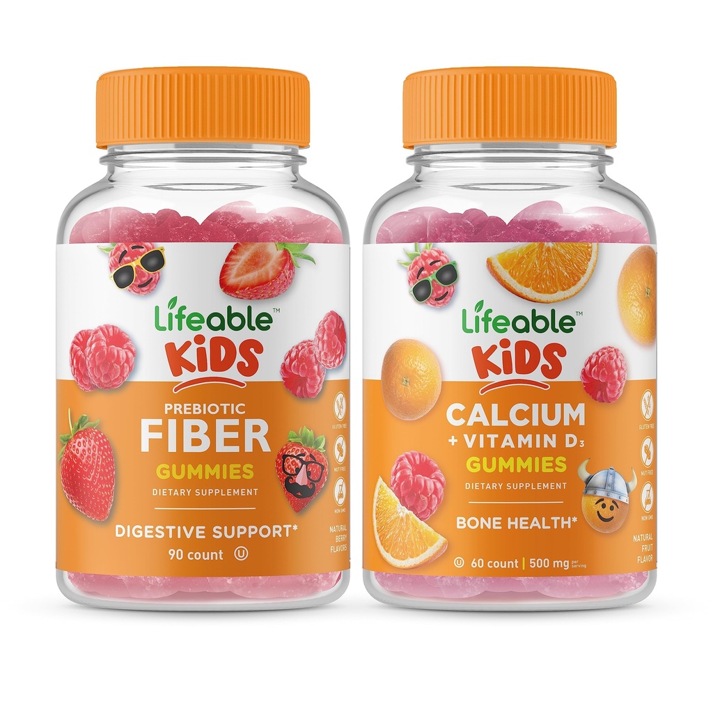Fibra Prebiótica Lifeable Niños + Calcio con Vitamina D Niños, Gummies Bundle - Gran Tasting, Suplemento de Vitamina, Gluten Gratis, GMO Gratis, Gummy Chewable