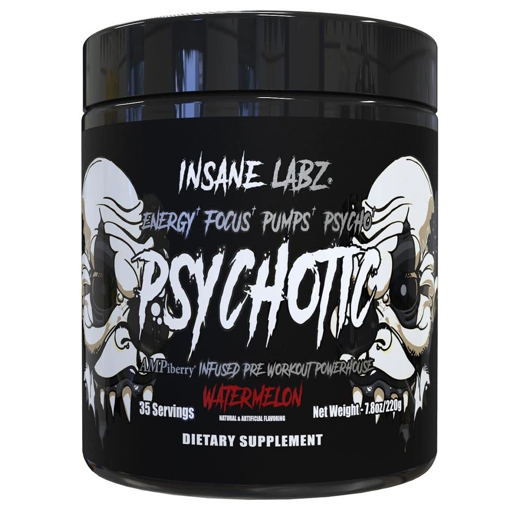 Insane Labz Psychotic Black Edition Mid Stimulant Pre Workout Powder, Energy Focus Pumps, Cargado con Creatine Beta Alanine Taurine Fueled por AMPiberry, 35 Servings (Watermelon)