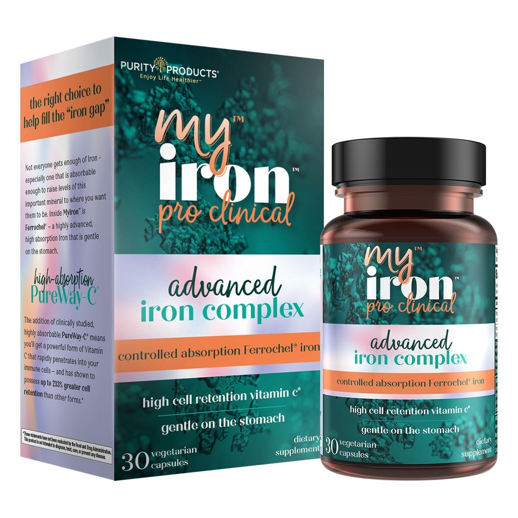 MyIron ProClinical by Purity Products - Iron (Ferrous Bisglycinate Chelelate) + Vitamina C (PureWay-C) - Gentle on The Stomach - Controlled Absorption - Promotes Healthy Red Blood Cells - 30 Count (1)
