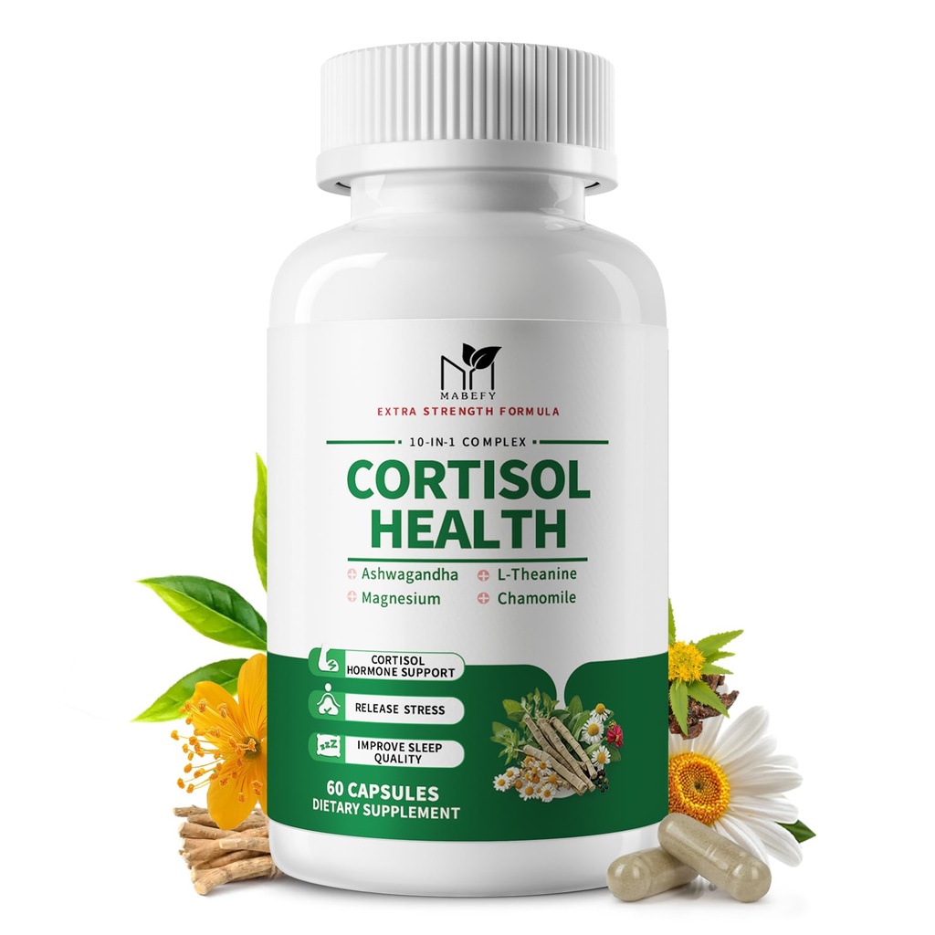 Suplementos de Cortisol para Mujeres/Men - 10 en 1 Cortisol Manager Reductor Bajo Detox Balance con Magnesio, Ashwagandha, L-Theanine for Stress, Sleep, Calm, Mood Support - 60 cápsulas para 30 días