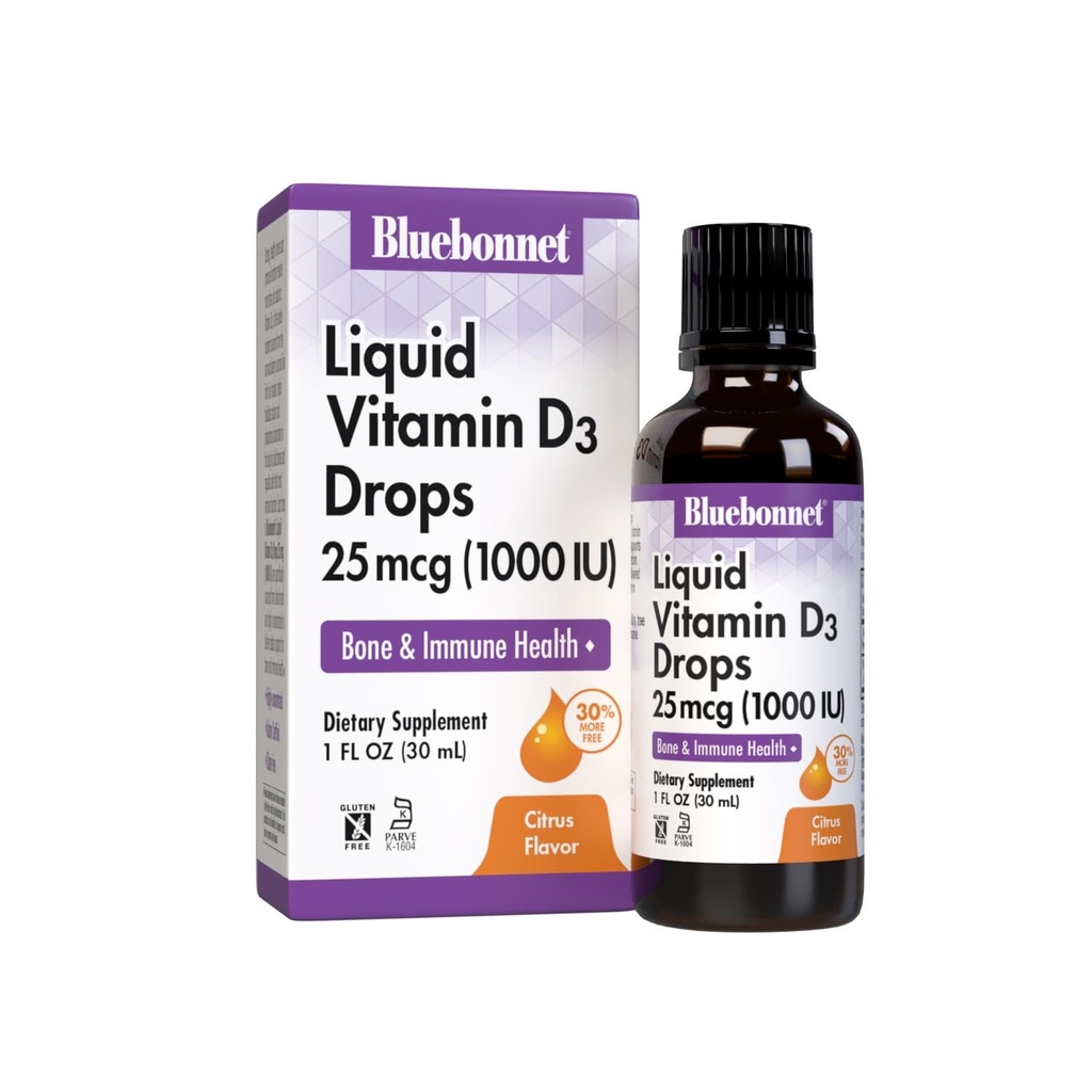 BlueBonnet Vitamina D3 1000 UI 25mcg Strong Bones &amp; Immune Support Supplement - Liquid Vitamins for Women &amp; Hombre - Lanolin VIT D Drops with MCT Oil - Non-GMO, Vegetarian - Citrus Flavor - 1 Fl Oz