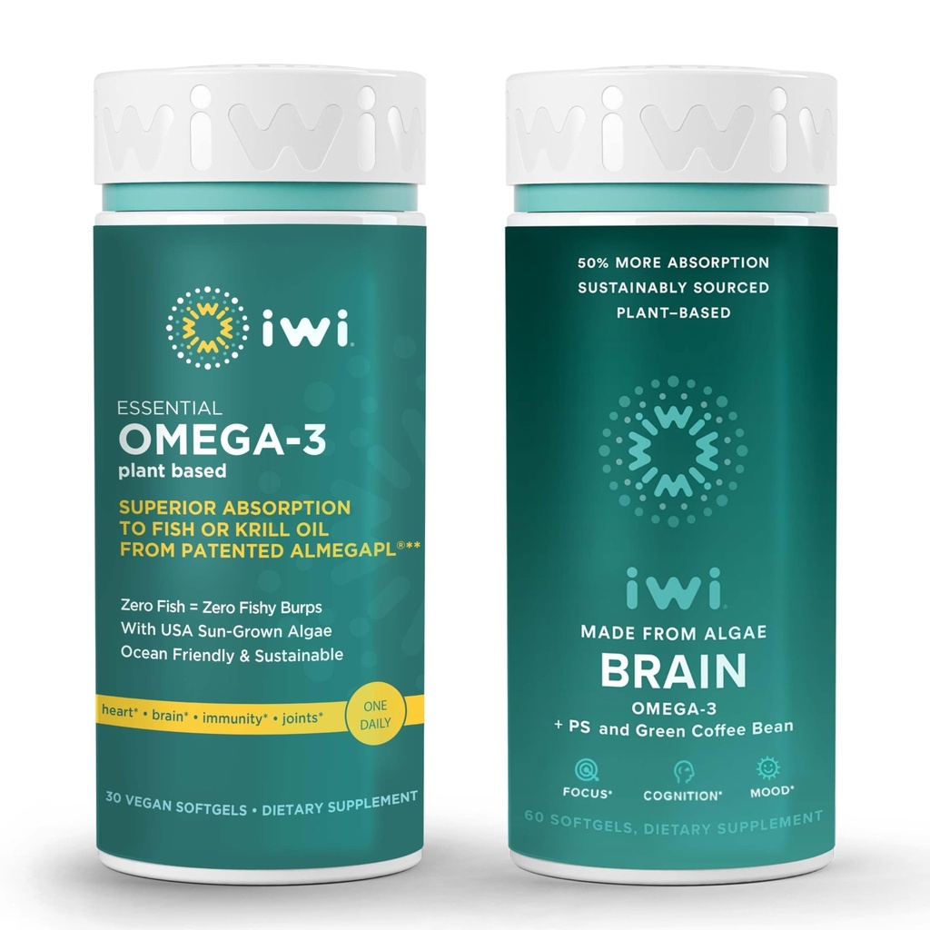 Iwi Omega-3 Essential & Brain Omega-3 Bundle, 30 Servings, Vegan Plant-Based Algae Omega 3 con EPA + DHA, Krill " Fish Oil Alternative, No Fishy Aftertaste