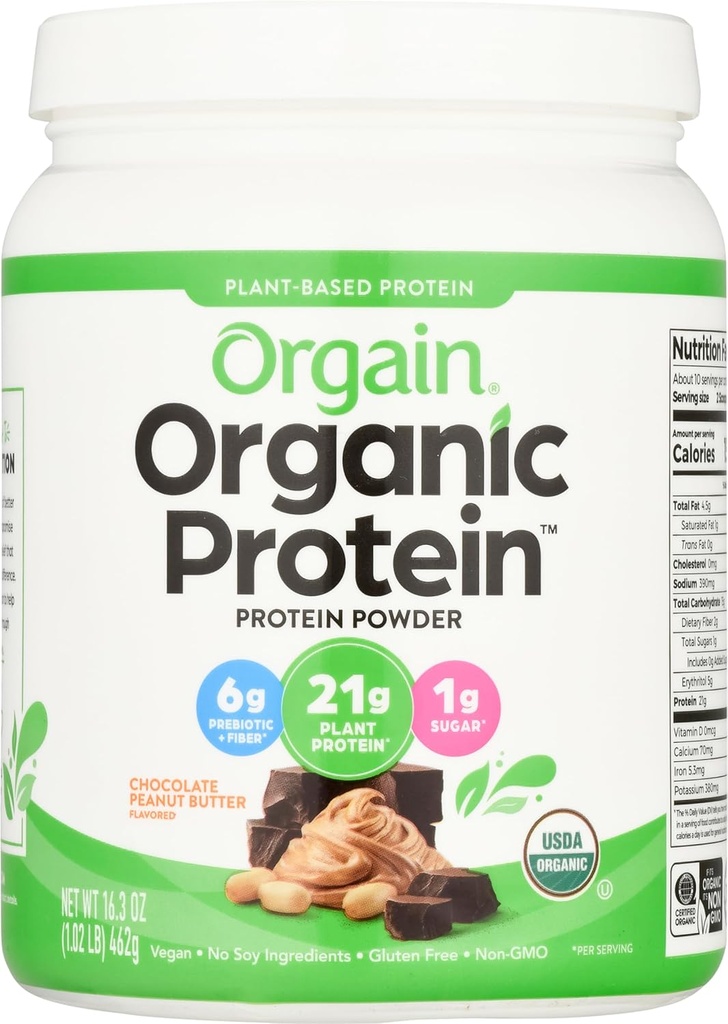 Orgain Orgain Pólvora de proteínas orgánicas veganas, mantequilla de maní de chocolate - 21g de proteína basada en plantas, carbohidratos bajos netos, no lácteos, sin gluten, sin lactosa, sin azúcar añadido, soy libre, Kosher, 1,02 libras