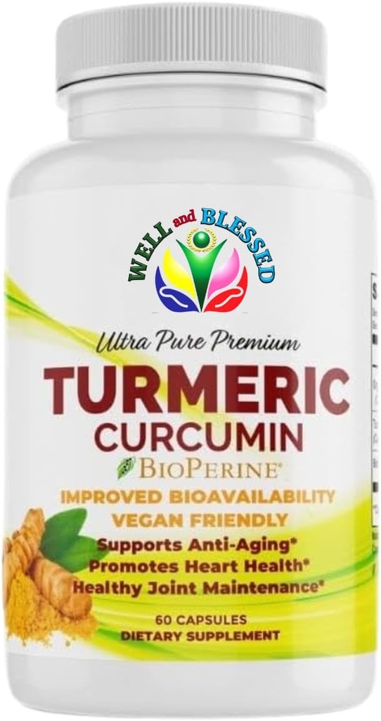 Suplemento de la Curcumina Turmérica con BioPerine - 60 cápsulas - Extracto Orgánica de la Rota Turmérica - Amistad Vegan, Ausorción Mejorada, Junta diaria y apoyo cardíaco